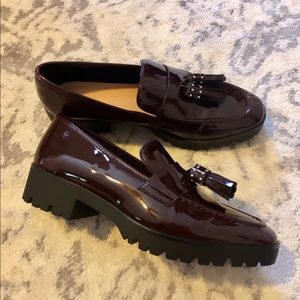 Zara burgundy patent leather tassel loafers